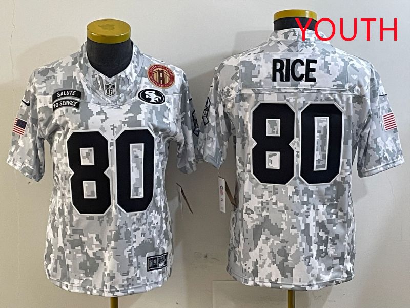 Youth San Francisco 49ers #80 Rice Nike Arctic Camo 2025 Salute to Service Limited NFL Jersey style 5